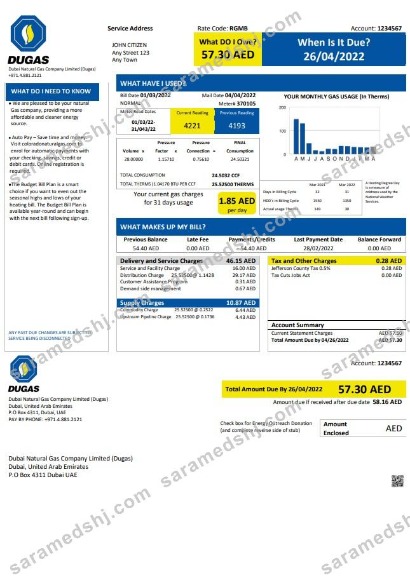UAE Dubai Natural Gas Company Limited (Dugas) utility bill template in Word and PDF format